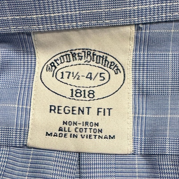 Brooks Brothers 1818 Shirt Mens 17.5 Blue Checked Regent Fit No-Iron Button Down - Picture 3 of 5